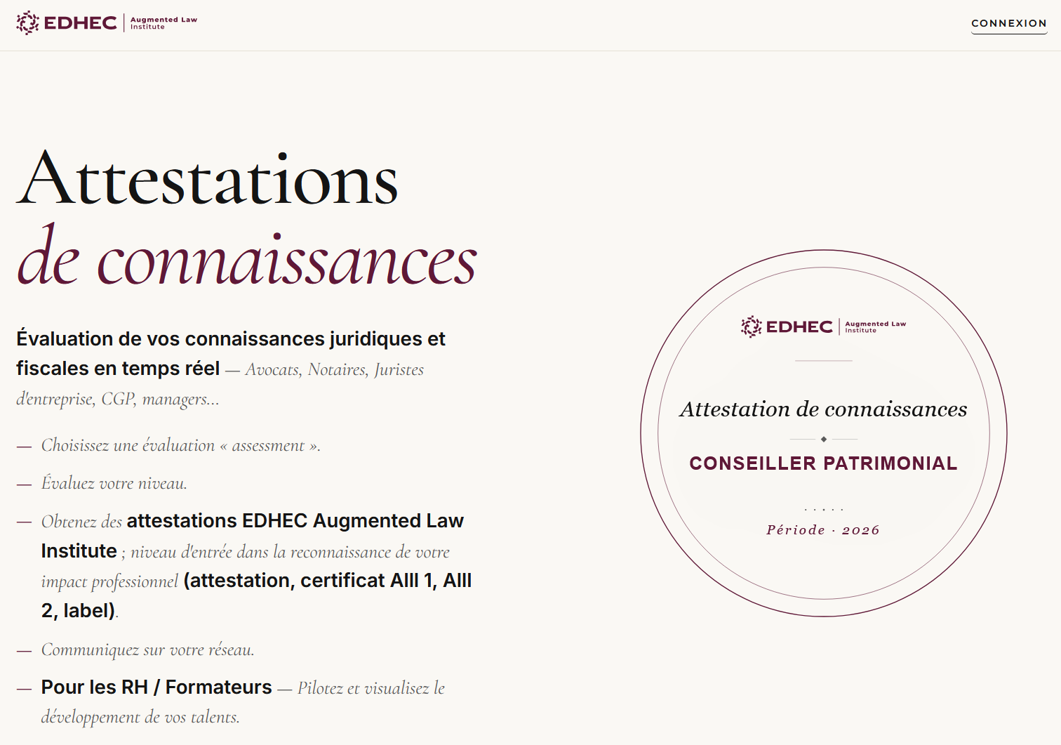 Attestation de connaissances Conseiller Patrimonial délivrée par l'EDHEC Augmented Law Institute